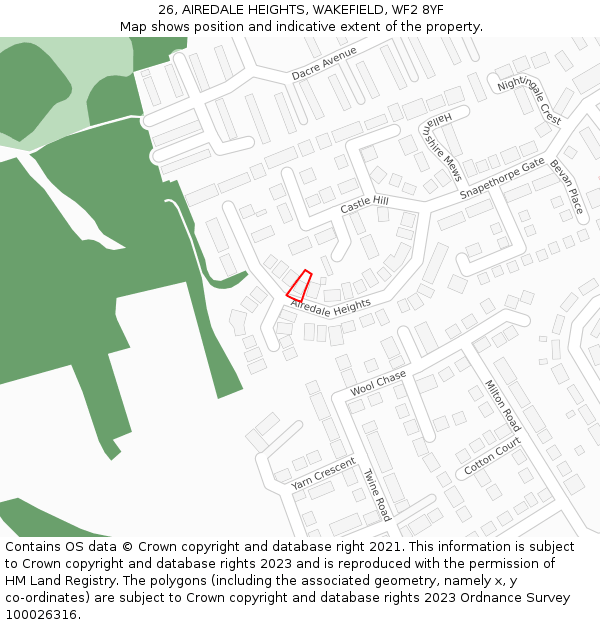 26, AIREDALE HEIGHTS, WAKEFIELD, WF2 8YF: Location map and indicative extent of plot