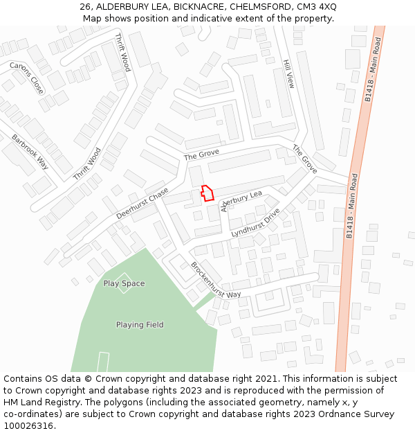 26, ALDERBURY LEA, BICKNACRE, CHELMSFORD, CM3 4XQ: Location map and indicative extent of plot