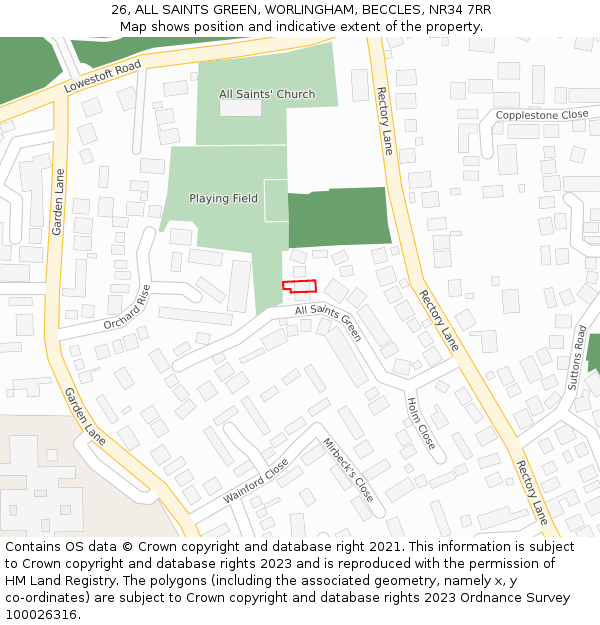 26, ALL SAINTS GREEN, WORLINGHAM, BECCLES, NR34 7RR: Location map and indicative extent of plot