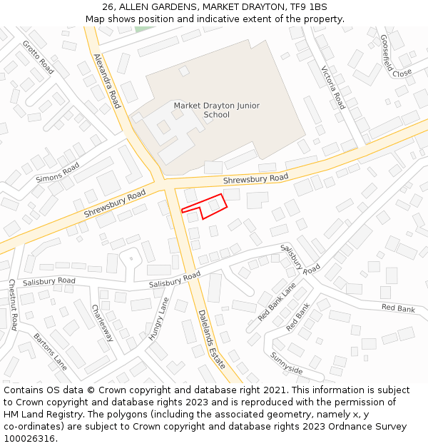 26, ALLEN GARDENS, MARKET DRAYTON, TF9 1BS: Location map and indicative extent of plot