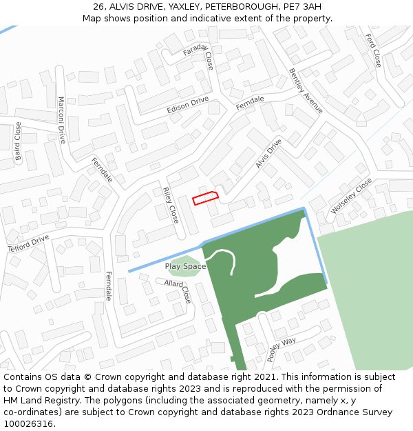 26, ALVIS DRIVE, YAXLEY, PETERBOROUGH, PE7 3AH: Location map and indicative extent of plot