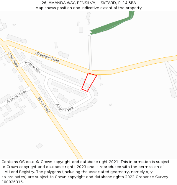 26, AMANDA WAY, PENSILVA, LISKEARD, PL14 5RA: Location map and indicative extent of plot