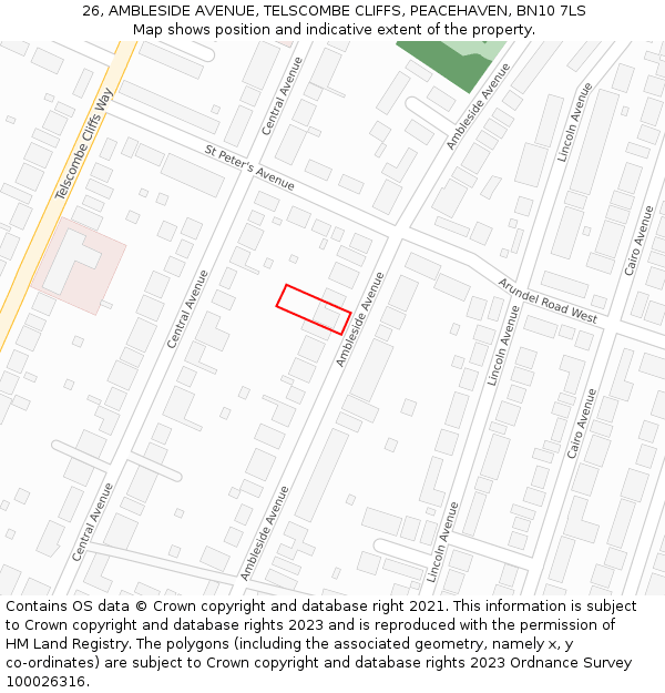 26, AMBLESIDE AVENUE, TELSCOMBE CLIFFS, PEACEHAVEN, BN10 7LS: Location map and indicative extent of plot