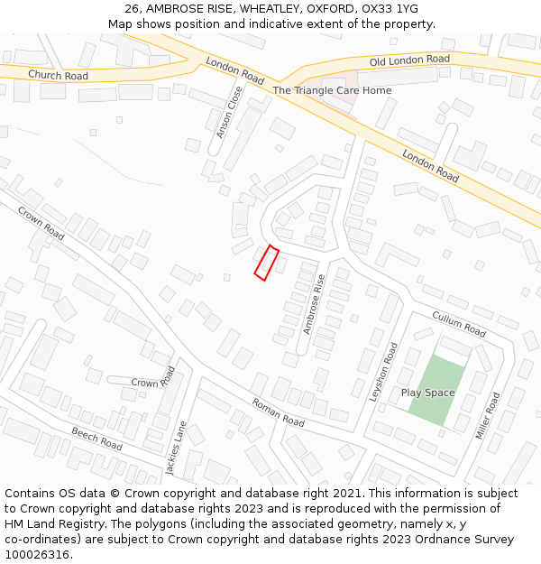 26, AMBROSE RISE, WHEATLEY, OXFORD, OX33 1YG: Location map and indicative extent of plot