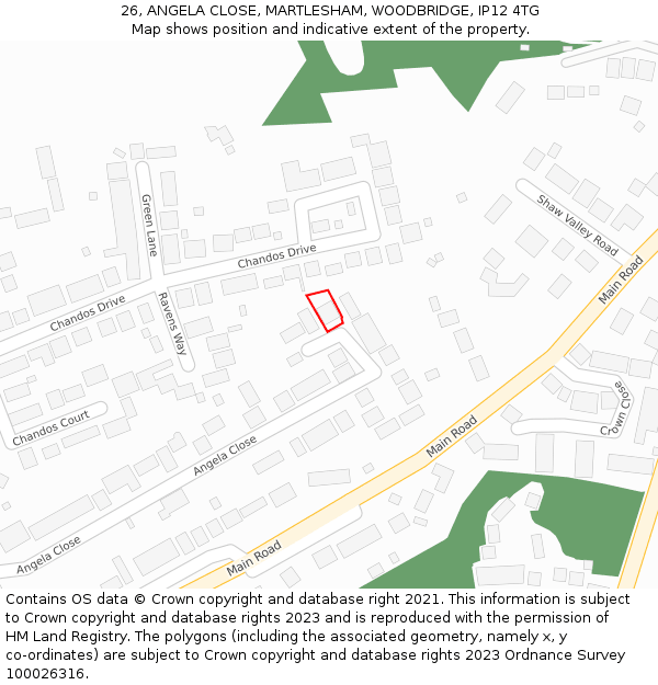 26, ANGELA CLOSE, MARTLESHAM, WOODBRIDGE, IP12 4TG: Location map and indicative extent of plot