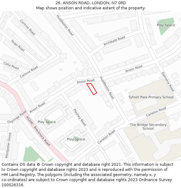 26, ANSON ROAD, LONDON, N7 0RD: Location map and indicative extent of plot