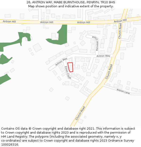 26, ANTRON WAY, MABE BURNTHOUSE, PENRYN, TR10 9HS: Location map and indicative extent of plot