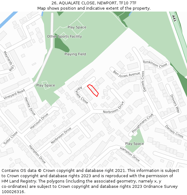 26, AQUALATE CLOSE, NEWPORT, TF10 7TF: Location map and indicative extent of plot