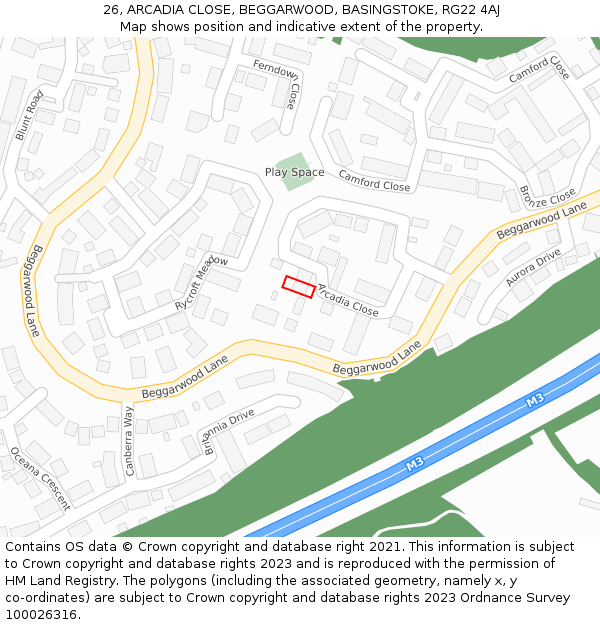 26, ARCADIA CLOSE, BEGGARWOOD, BASINGSTOKE, RG22 4AJ: Location map and indicative extent of plot