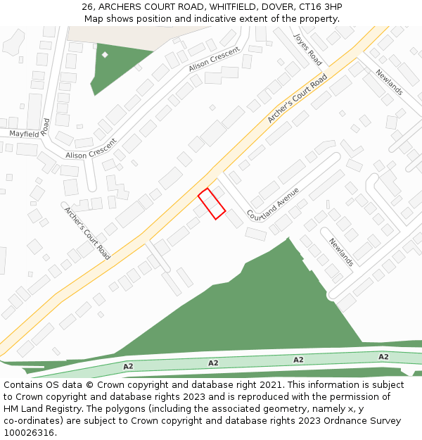 26, ARCHERS COURT ROAD, WHITFIELD, DOVER, CT16 3HP: Location map and indicative extent of plot