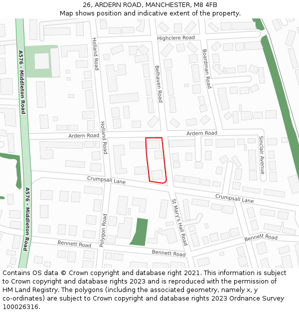 26, ARDERN ROAD, MANCHESTER, M8 4FB: Location map and indicative extent of plot