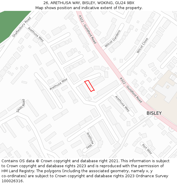 26, ARETHUSA WAY, BISLEY, WOKING, GU24 9BX: Location map and indicative extent of plot