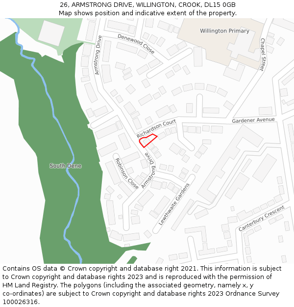 26, ARMSTRONG DRIVE, WILLINGTON, CROOK, DL15 0GB: Location map and indicative extent of plot