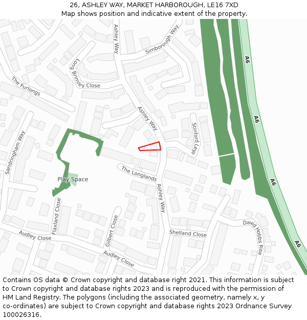 26, ASHLEY WAY, MARKET HARBOROUGH, LE16 7XD: Location map and indicative extent of plot