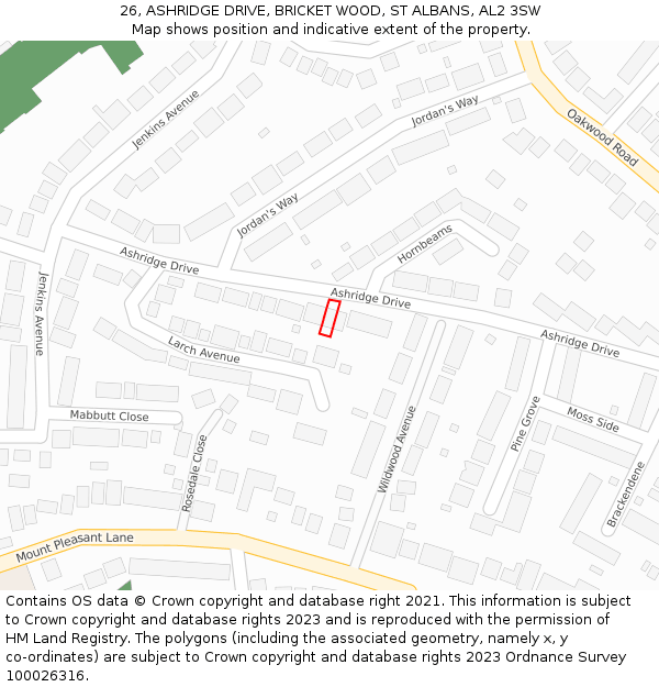 26, ASHRIDGE DRIVE, BRICKET WOOD, ST ALBANS, AL2 3SW: Location map and indicative extent of plot
