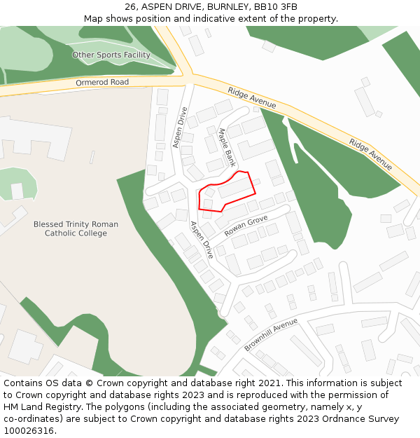 26, ASPEN DRIVE, BURNLEY, BB10 3FB: Location map and indicative extent of plot