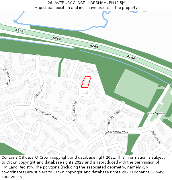 26, AVEBURY CLOSE, HORSHAM, RH12 5JY: Location map and indicative extent of plot