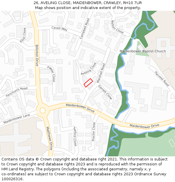 26, AVELING CLOSE, MAIDENBOWER, CRAWLEY, RH10 7UR: Location map and indicative extent of plot