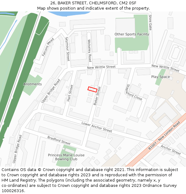 26, BAKER STREET, CHELMSFORD, CM2 0SF: Location map and indicative extent of plot