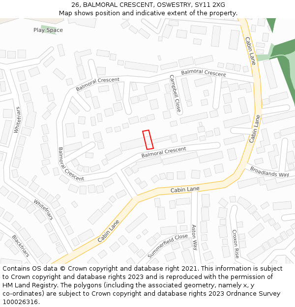 26, BALMORAL CRESCENT, OSWESTRY, SY11 2XG: Location map and indicative extent of plot