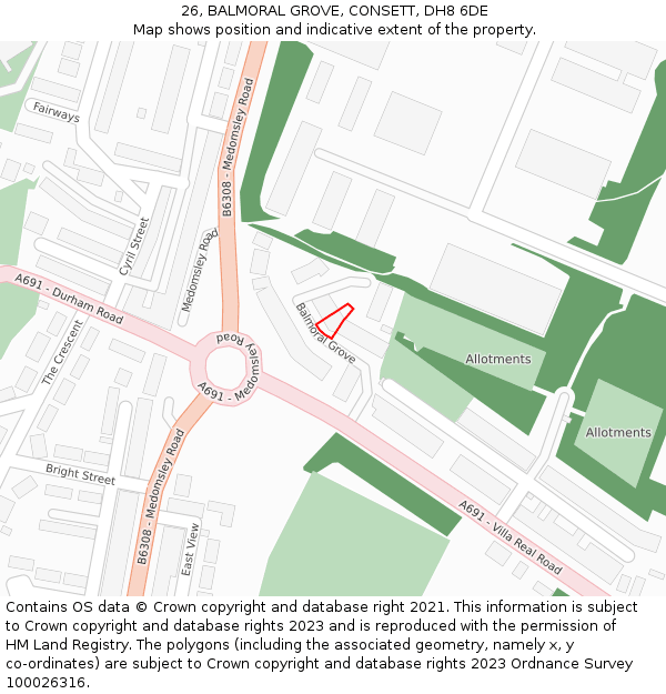 26, BALMORAL GROVE, CONSETT, DH8 6DE: Location map and indicative extent of plot