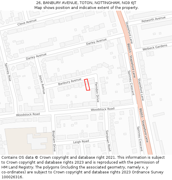 26, BANBURY AVENUE, TOTON, NOTTINGHAM, NG9 6JT: Location map and indicative extent of plot