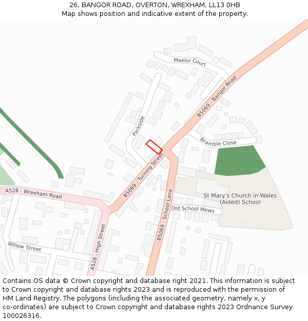 26, BANGOR ROAD, OVERTON, WREXHAM, LL13 0HB: Location map and indicative extent of plot