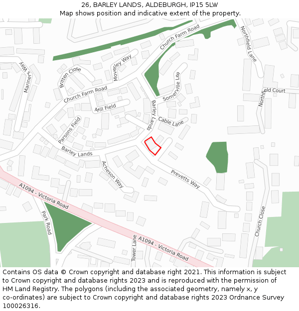 26, BARLEY LANDS, ALDEBURGH, IP15 5LW: Location map and indicative extent of plot