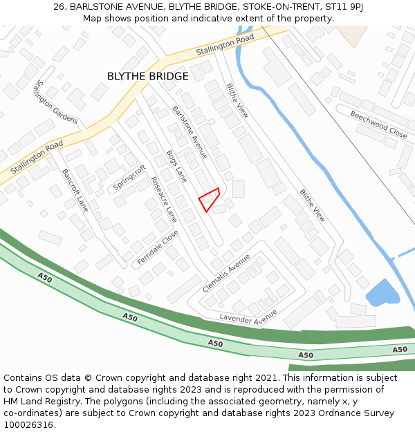 26, BARLSTONE AVENUE, BLYTHE BRIDGE, STOKE-ON-TRENT, ST11 9PJ: Location map and indicative extent of plot