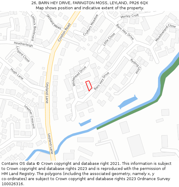 26, BARN HEY DRIVE, FARINGTON MOSS, LEYLAND, PR26 6QX: Location map and indicative extent of plot