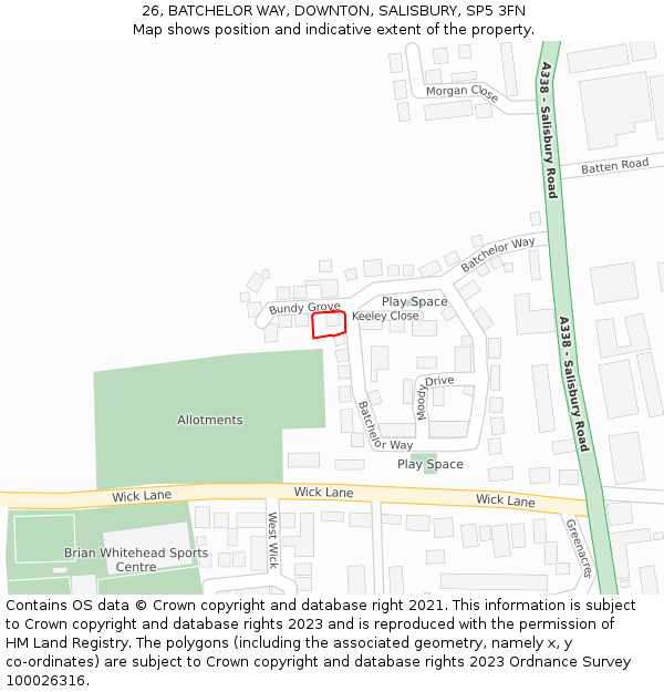 26, BATCHELOR WAY, DOWNTON, SALISBURY, SP5 3FN: Location map and indicative extent of plot
