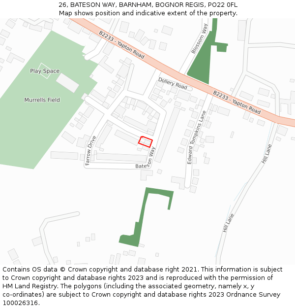 26, BATESON WAY, BARNHAM, BOGNOR REGIS, PO22 0FL: Location map and indicative extent of plot