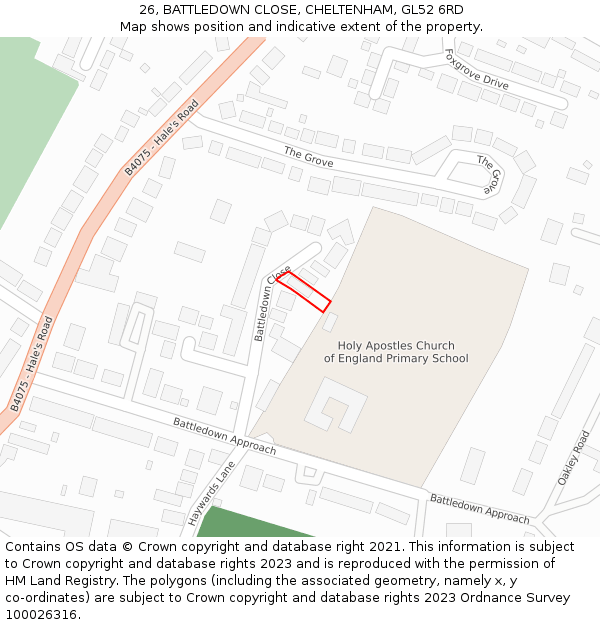 26, BATTLEDOWN CLOSE, CHELTENHAM, GL52 6RD: Location map and indicative extent of plot