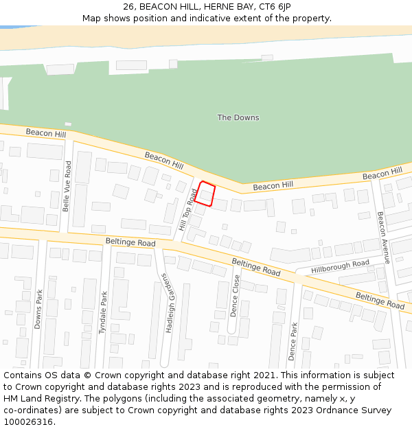 26, BEACON HILL, HERNE BAY, CT6 6JP: Location map and indicative extent of plot