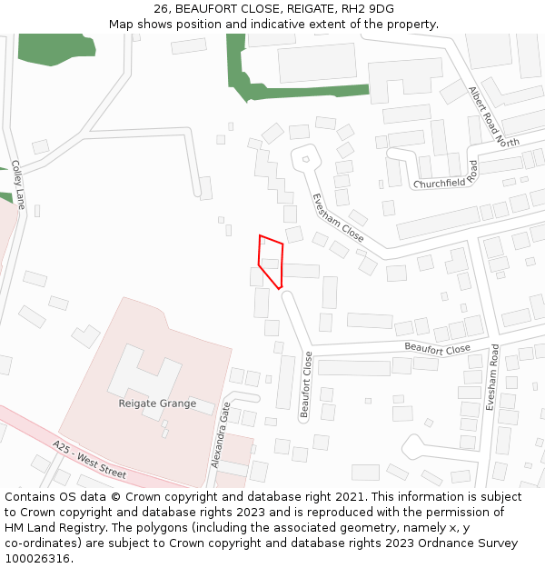 26, BEAUFORT CLOSE, REIGATE, RH2 9DG: Location map and indicative extent of plot