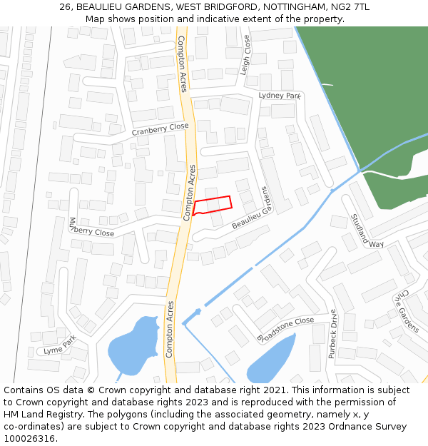 26, BEAULIEU GARDENS, WEST BRIDGFORD, NOTTINGHAM, NG2 7TL: Location map and indicative extent of plot