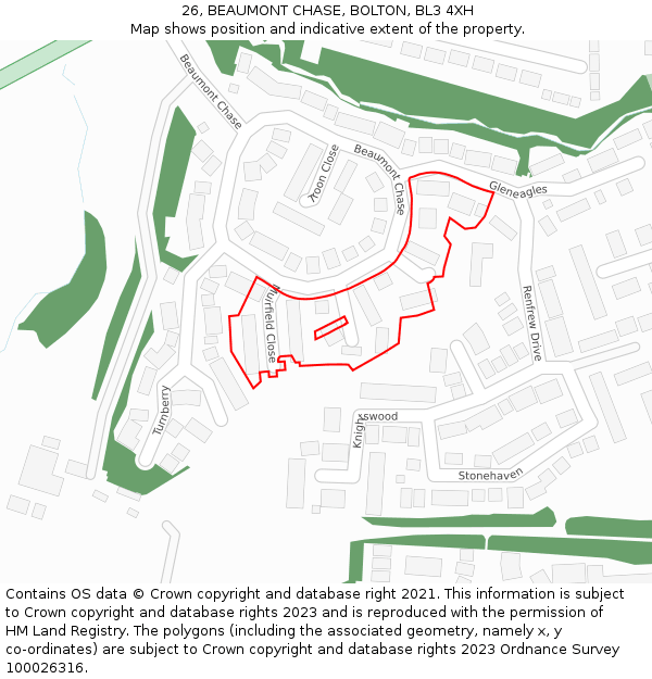 26, BEAUMONT CHASE, BOLTON, BL3 4XH: Location map and indicative extent of plot