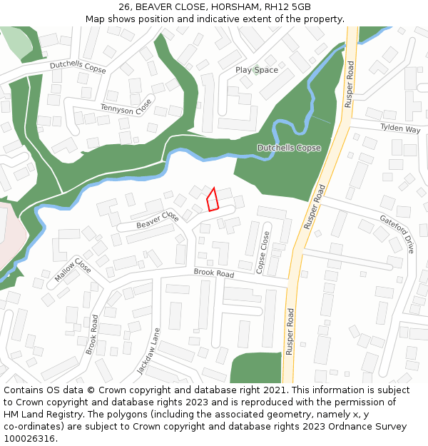 26, BEAVER CLOSE, HORSHAM, RH12 5GB: Location map and indicative extent of plot