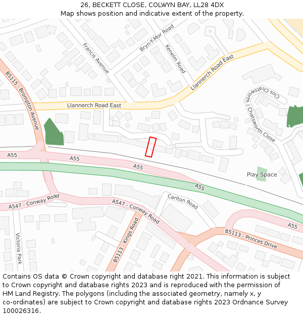 26, BECKETT CLOSE, COLWYN BAY, LL28 4DX: Location map and indicative extent of plot