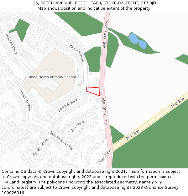 26, BEECH AVENUE, RODE HEATH, STOKE-ON-TRENT, ST7 3JD: Location map and indicative extent of plot