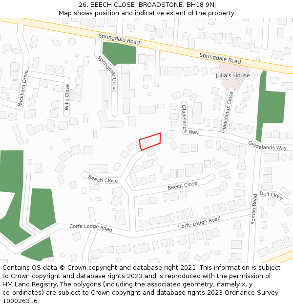 26, BEECH CLOSE, BROADSTONE, BH18 9NJ: Location map and indicative extent of plot