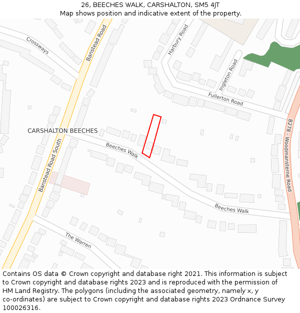 26, BEECHES WALK, CARSHALTON, SM5 4JT: Location map and indicative extent of plot
