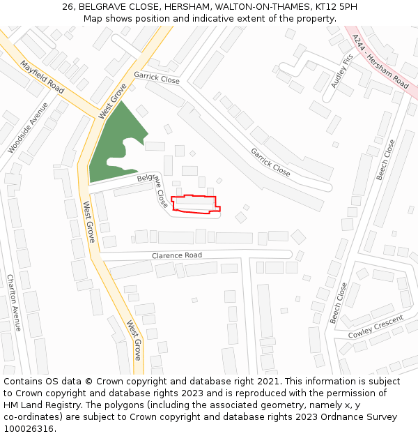 26, BELGRAVE CLOSE, HERSHAM, WALTON-ON-THAMES, KT12 5PH: Location map and indicative extent of plot