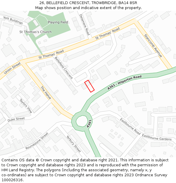 26, BELLEFIELD CRESCENT, TROWBRIDGE, BA14 8SR: Location map and indicative extent of plot
