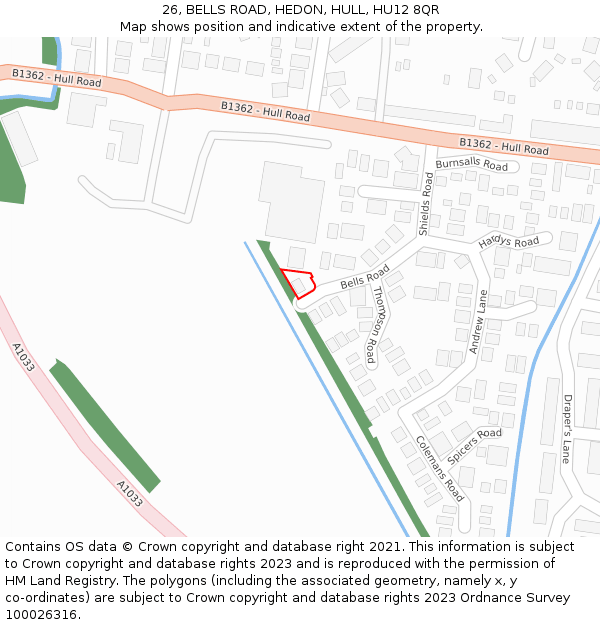 26, BELLS ROAD, HEDON, HULL, HU12 8QR: Location map and indicative extent of plot