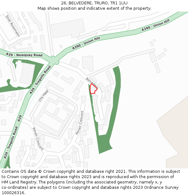 26, BELVEDERE, TRURO, TR1 1UU: Location map and indicative extent of plot