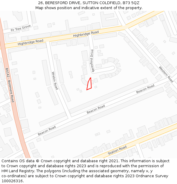 26, BERESFORD DRIVE, SUTTON COLDFIELD, B73 5QZ: Location map and indicative extent of plot