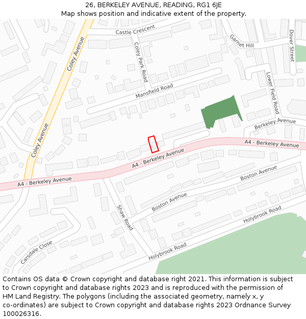 26, BERKELEY AVENUE, READING, RG1 6JE: Location map and indicative extent of plot