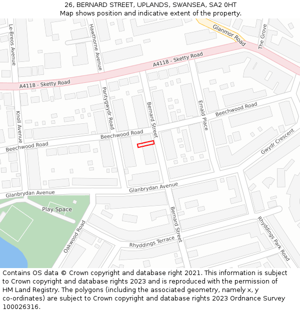 26, BERNARD STREET, UPLANDS, SWANSEA, SA2 0HT: Location map and indicative extent of plot