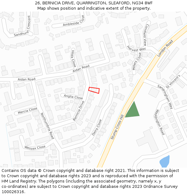 26, BERNICIA DRIVE, QUARRINGTON, SLEAFORD, NG34 8WF: Location map and indicative extent of plot